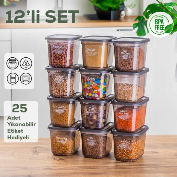 Porsima 1022 12 li Etiketli Kapaklı Dikdörtgen Gıda Erzak Bakliyat Saklama Kabı Seti - 1,3 Lt