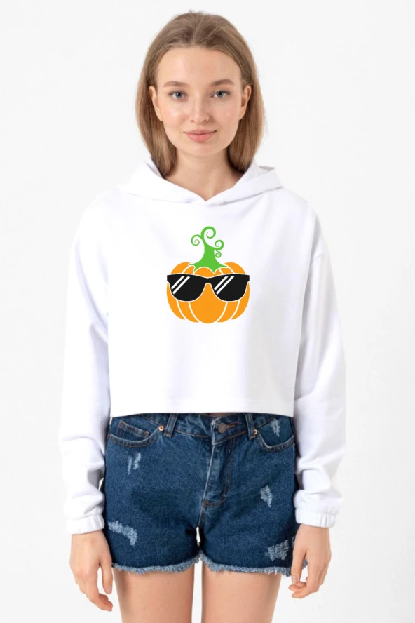 Cool Pumpkin Beyaz Optik Kadın Crop Kapşonlu