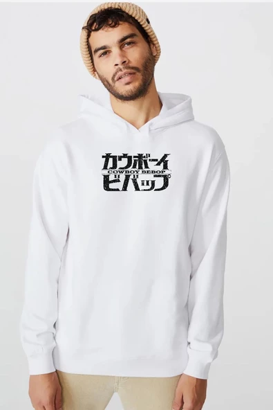 Cowboy Bebop Retro Letter Logo Beyaz Erkek 3ip Kapşonlu  Sweatshirt