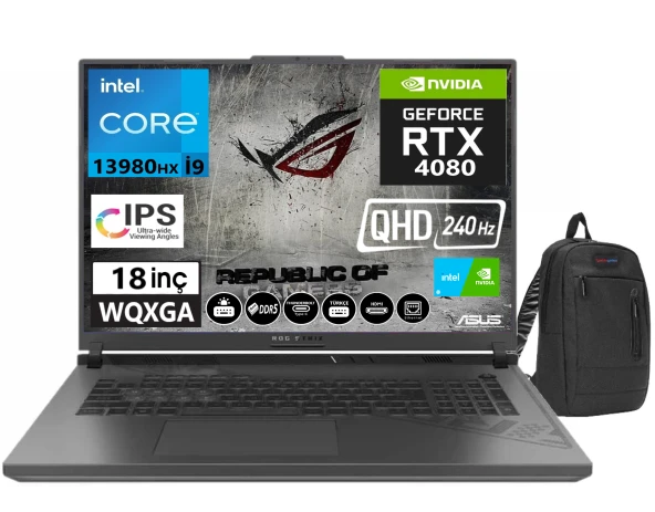 Asus Rog Strıx G18 G814JZ-N6023 İntel İ9-13980HX 64gb DDR5 Ram 512gb SSD 12GB RTX4080 175W 18 İnç 240Hz QHD WQXGA Windows11Home Taşınabilir Bilgisayar N602316+Weblegelsinçanta