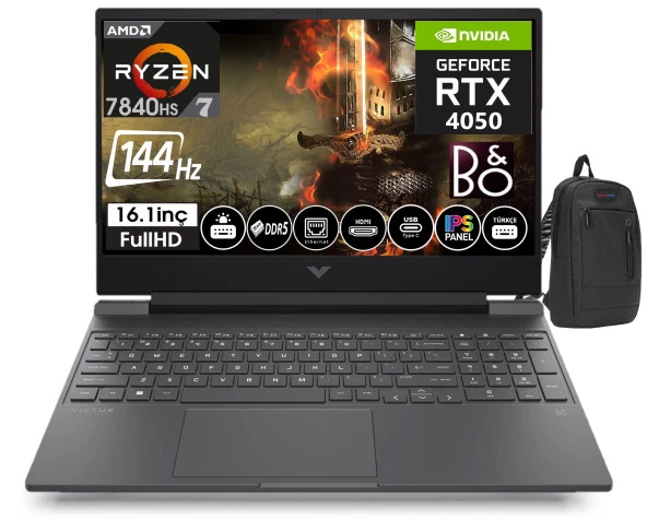 HP Victus 16 S0021NT 7Z4N0EA AMD Ryzen 7 7840HS 64GB DDR5 512GB SSD 6GB RTX4050 16.1 İnç 144Hz IPS FHD Freedos Taşınabilir Bilgisayar VİCTUS7Z4N0EA07+WeblegelsinÇanta