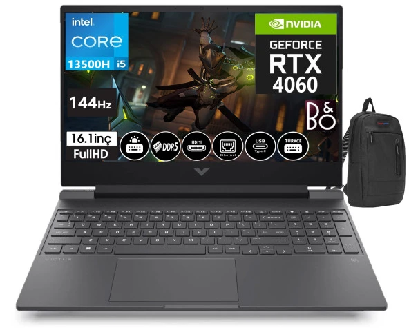 HP Victus 16-r0035nt Intel I5-13500h 64GB DDR5 1TB SSD 8GB RTX4060 16.1 İnç 144Hz IPS FHD Freedos Taşınabilir Bilgisayar VİCTUS7P6L3EA08+WeblegelsinÇanta