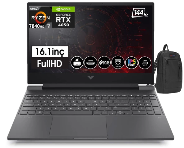 HP Victus Ryzen 7 7840HS 64gb DDR5 Ram 512gb SSD 6GB RTX4050 16,1 İnç 144Hz IPS FHD Windows11Pro Taşınabilir Bilgisayar Z7Z587EA25+ZettaÇanta