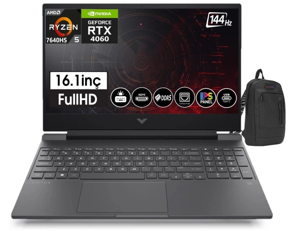 HP Victus Amd Ryzen 5 7640HS 16GB DDR5 Ram 1tb SSD 8GB RTX4060 16,1 İnç 144Hz IPS FHD Windows11Home Taşınabilir Bilgisayar Z7Z4N1EA11+ZettaÇanta