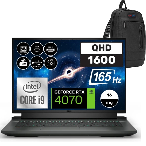 Dell Gaming G16 7630 Intel Core I9 13900HX 16GB DDR5 2TB SSD RTX4070 8GB Windows 11 Home 16" QHD+ 165Hz Taşınabilir Bilgisayar G167630020WH03 + Zetta Çanta