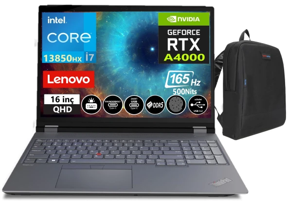 Lenovo THİNKPAD MWS P16 V2 İNTEL CORE İ7 13850HX 48GB DDR5 2TB SSD 12GB RTXA4000+ 2TB 165HZ QHD+ IPS 16" WİNDOWS11PRO TaşınabilirBİLGİSAYAR TP21FA000UTX18+WeblegelsinÇanta