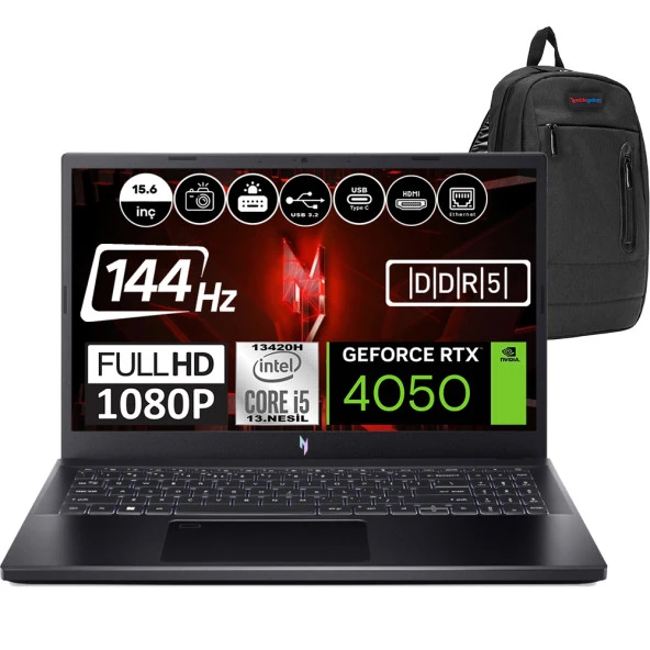 Acer Nitro V15 ANV15-51-57XV Intel Core i5 13420H DDR5 32GB 1TB SSD RTX4050-6GB Windows 11 Pro 15.6" 144HZ FHD Taşınabilir Bilgisayar NHQNBEYP05  + Zetta Çanta