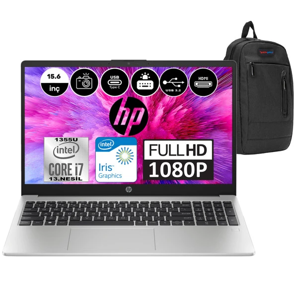 Hp 250 G10 Intel Core I7 1355U 16GB 512GB SSD Intel® Iris® Xᵉ Windows 11 Home 15.6" FHD Taşınabilir Bilgisayar 8A542EAH06 + Weblegelsin Çanta