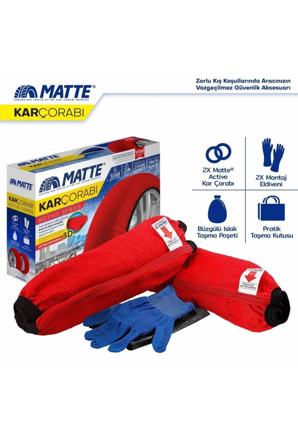 Matte Active Series Oto Araba Lastik Anti Patinaj Kar Çorabı Kırmızı Medıum