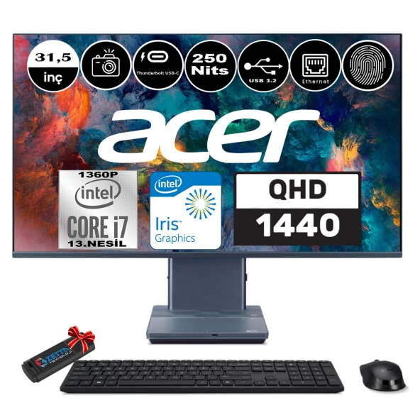 Acer ASPIRE S32-1856 Intel Core i7-1360P 16GB 1TB SSD 31,5" QUAD HD 1440P Windows 11 Pro Touchpad Parmak izi okuyucu All in One Bilgisayar WPDQBL6EM002+ Zetta Flash Bellek