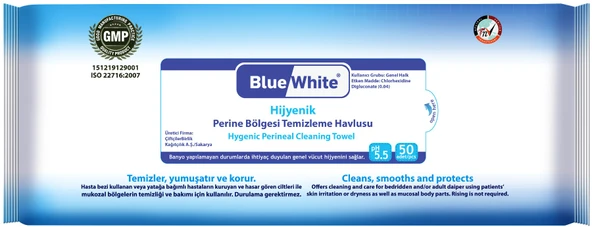 BlueWhite Yetişkin Hasta Perine Bölgesi Temizleme Mendil-Havlusu 50 Yaprak Hijyenik Tekli Pk