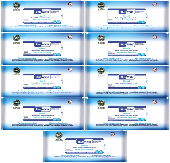 BlueWhite Yetişkin Hasta Perine Bölgesi Temizleme Mendil-Havlusu (9 lu set) 50 Yaprak Hijyenik