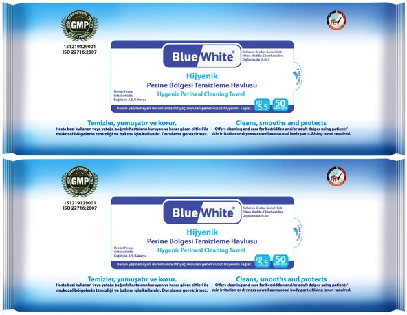 BlueWhite Yetişkin Hasta Perine Bölgesi Temizleme Mendil-Havlusu (2 li set) 50 Yaprak Hijyenik