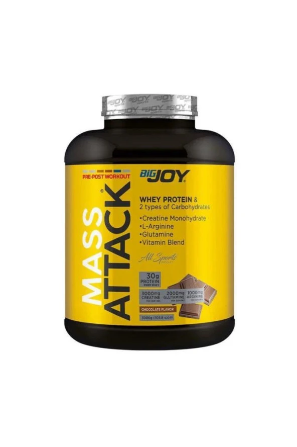 Bigjoy Sports Mass-ATTACK 3000gr Çikolata -30gr Whey Protein-54.42gr Karbonhidrat-3gr Kreatin-2gr Glutamin