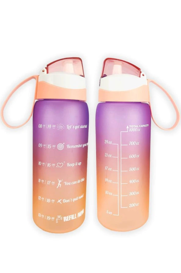 1 Lt Çift Renk Ölçü Baskılı Motivasyon Sağlıklı Plastik Su Şişesi Yavruağzı - 161646-162 C1-1-139