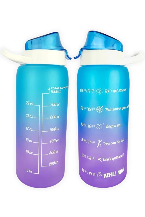 1 Lt Çift Renk Ölçü Baskılı Motivasyon Sağlıklı Plastik Su Şişesi Mavi 161546-160 C1-1-139