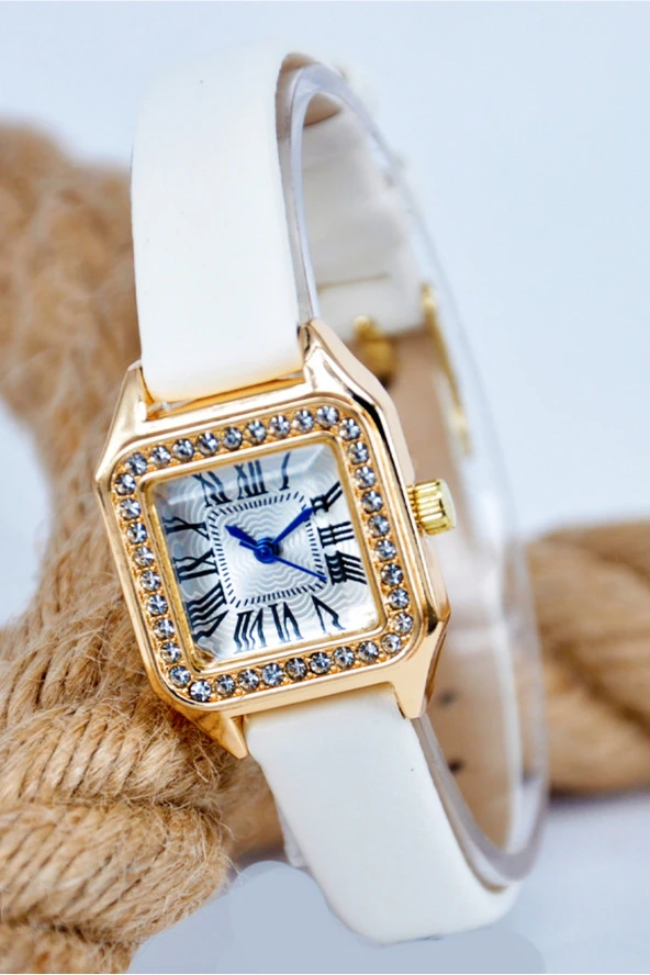 Roma Rakamlı Taşlı Kasa Beyaz Deri Kordonlu Şık Sade Kadın Kol Saati SU-890