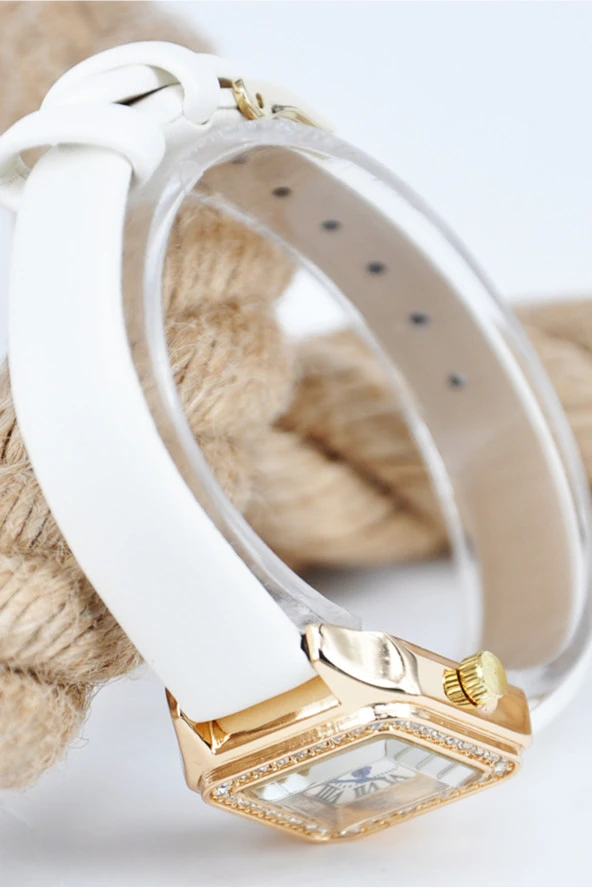 Roma Rakamlı Taşlı Kasa Beyaz Deri Kordonlu Şık Sade Kadın Kol Saati SU-890 - 2