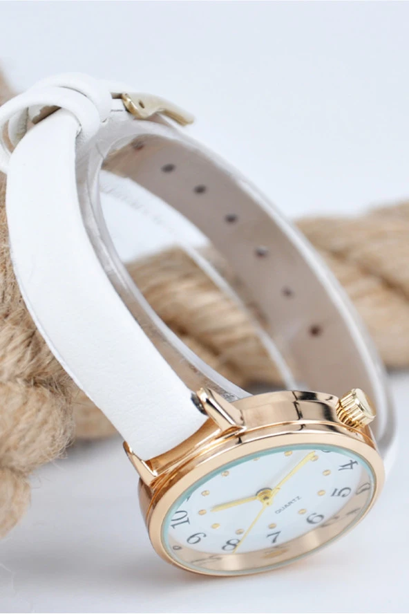 Altın Renk Kasa Beyaz Deri Kordon Kadın Kol Saati SU-886 - 2