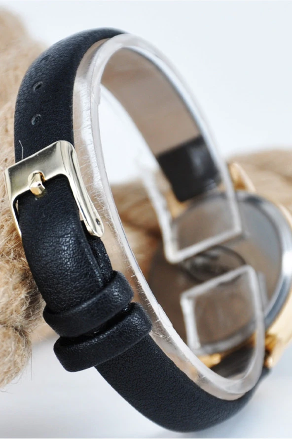 Altın Renk Kasa Siyah Deri Kordon Siyah Kadran Kadın Kol Saati SU-887 - 2