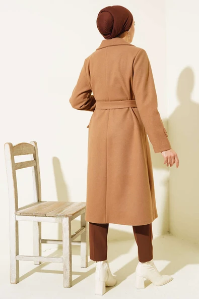 Kruvaze Yaka İki Düğmeli Kaşe Kaban Camel - 3