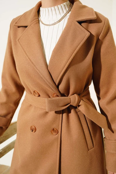 Kruvaze Yaka İki Düğmeli Kaşe Kaban Camel - 4