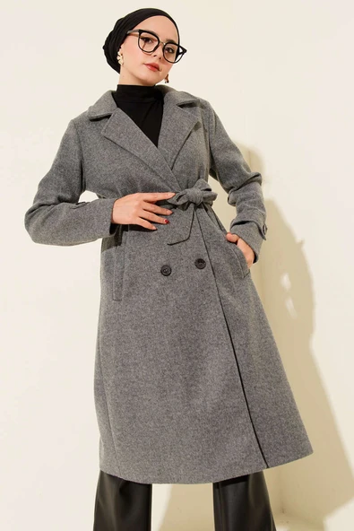 Kruvaze Yaka İki Düğmeli Kaşe Kaban Füme - 2