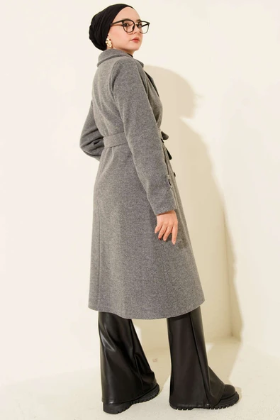 Kruvaze Yaka İki Düğmeli Kaşe Kaban Füme - 3