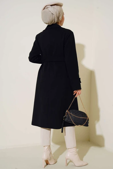 Kruvaze Yaka İki Düğmeli Kaşe Kaban Siyah - Resim 4