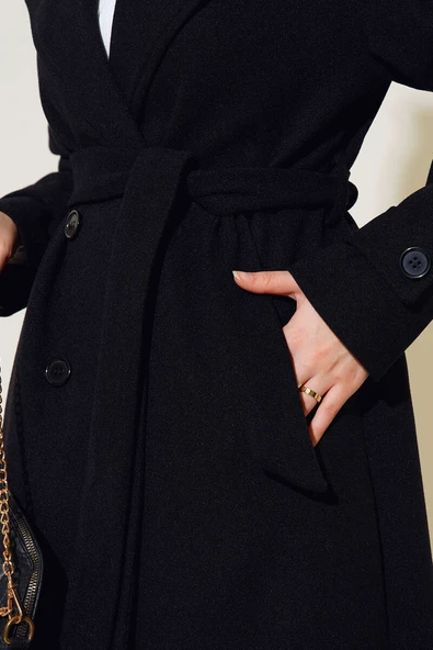 Kruvaze Yaka İki Düğmeli Kaşe Kaban Siyah - Resim 3