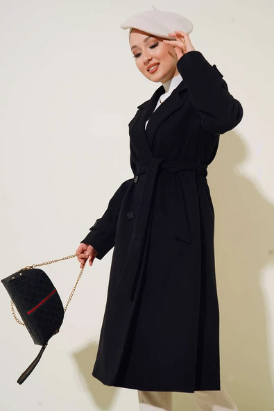 Kruvaze Yaka İki Düğmeli Kaşe Kaban Siyah ürün görseli 1