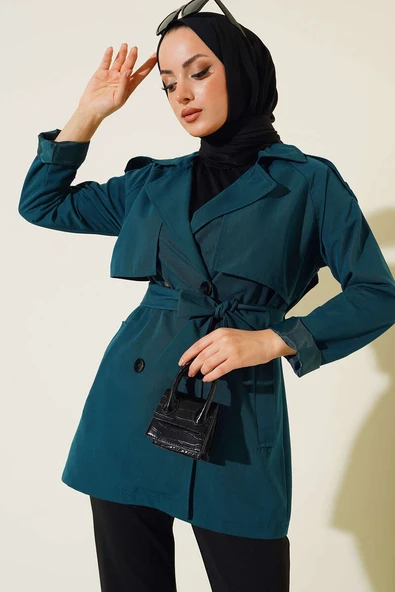 Kruvaze Yaka Kısa Trençkot Zümrüt ürün görseli 1