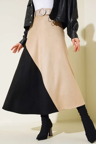 Çift Renk Süet Etek Bej Siyah ürün görseli 1