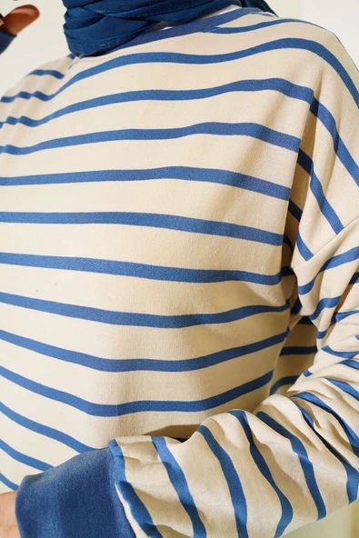 Yatay Şeritli İki İplik Takım İndigo - Resim 4