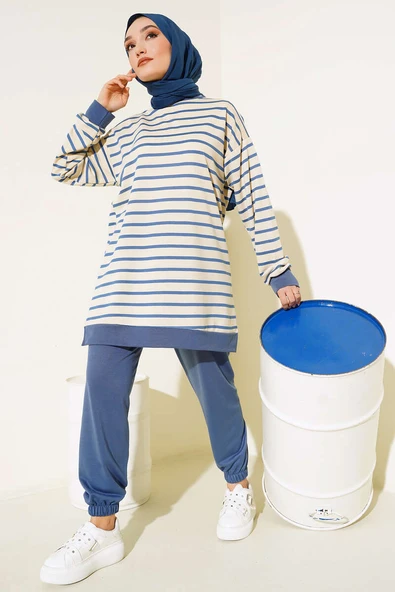 Yatay Şeritli İki İplik Takım İndigo ürün görseli 1