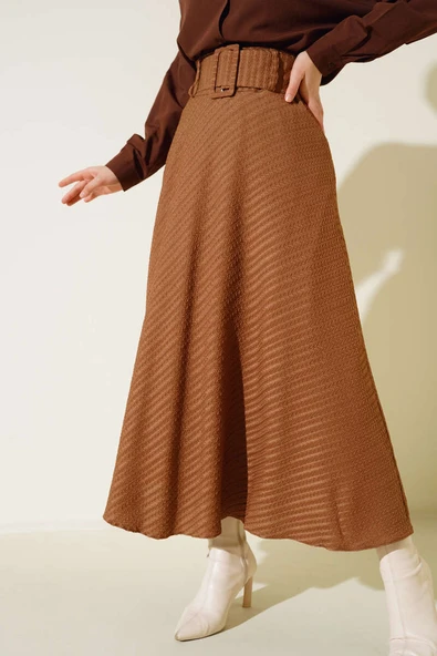 Kemerli Kabartma Desenli Etek Camel - 2