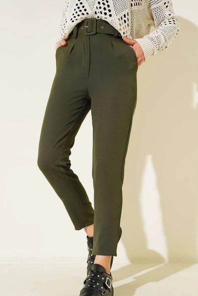 Kemerli Kopçalı Kumaş Pantolon Haki - Resim 2