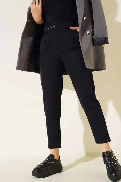 Kemerli Kopçalı Kumaş Pantolon Siyah ürün görseli 1