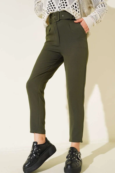 Kemerli Kopçalı Kumaş Pantolon Haki ürün görseli 1