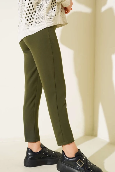 Kemerli Kopçalı Kumaş Pantolon Haki - Resim 3