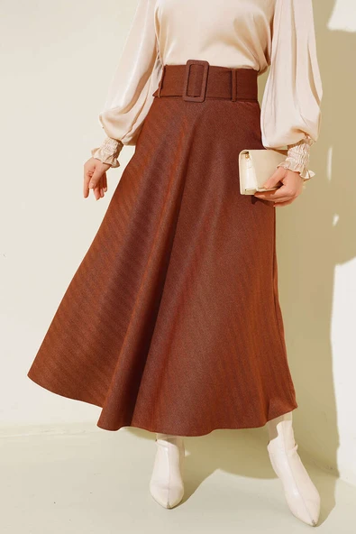 Kemerli Jakar Şeritli Etek Taba - Resim 2