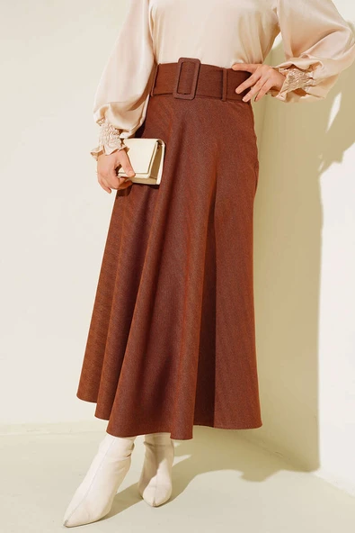 Kemerli Jakar Şeritli Etek Taba ürün görseli 1