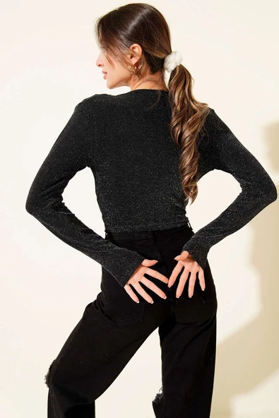 Çapraz Yaka Simli Bluz Siyah - Resim 3