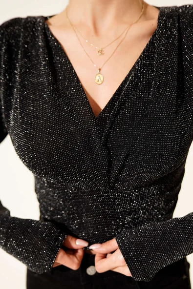 Çapraz Yaka Simli Bluz Siyah - Resim 4