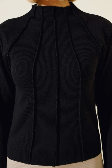 Dikiş Detaylı Kısa Bluz Siyah - Resim 4