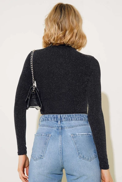 Pencere Dekolteli Simli Bluz Siyah - Resim 3