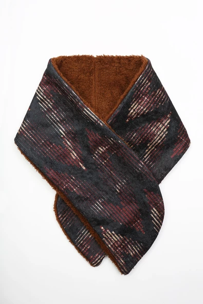 Kadın Atkı Boyunluk Düğmeli Peluş Kadife Zigzag Kahve - 2