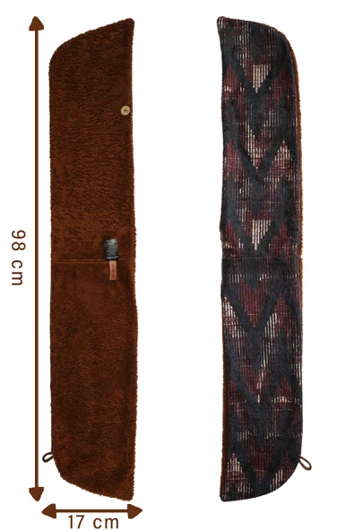Kadın Atkı Boyunluk Düğmeli Peluş Kadife Zigzag Kahve - 5