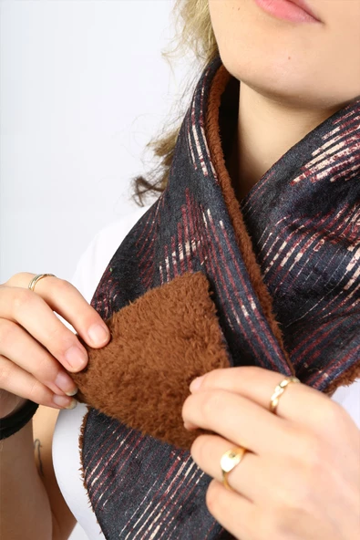 Kadın Atkı Boyunluk Düğmeli Peluş Kadife Zigzag Kahve - 3
