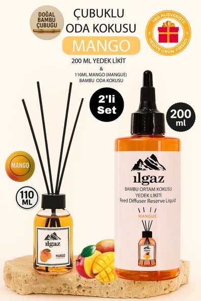 Mango 2'li Set Bambu Çubuklu Oda Kokusu 110 Ml & Mango Yedek Likit Şişe 200 Ml ürün görseli 1